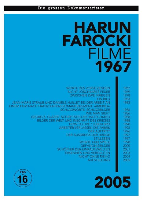 Große Überschrift: "HARUN FAROCKI FILME 1967-2005". Liste von Filmtiteln und Jahren. FSK-Logo: "ab 16".