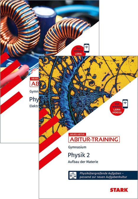 Büchercover mit Titeln: "Physik 2, Aufbau der Materie" und "Physik, Elektrizität" und abstrakten Mustern.