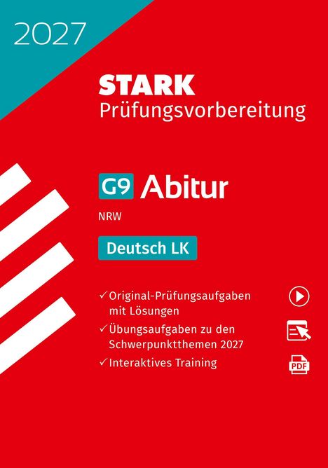 2027, STARK Prüfungsvorbereitung, G9 Abitur NRW, Deutsch LK; Aufgaben, Lösungen, Training. Rotes Design mit Symbolen.