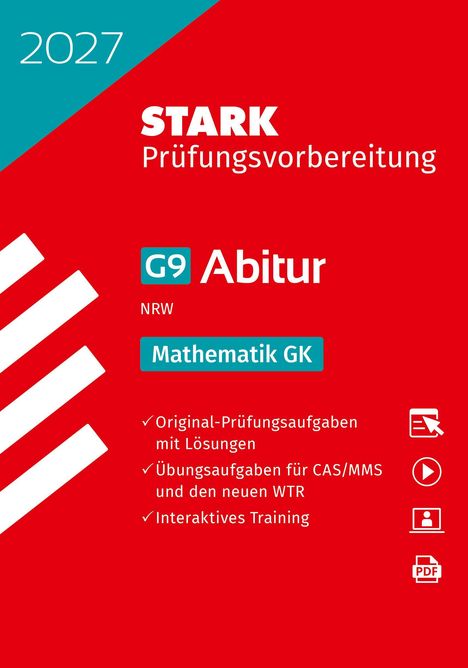 Titel: "STARK Prüfungsvorbereitung G9 Abitur NRW Mathematik GK 2027". Rotes Cover mit weißen Streifen und Symbolen.