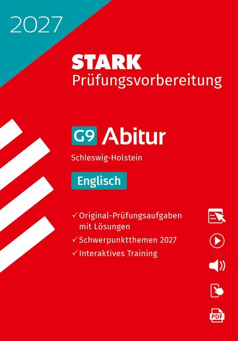 2027 STARK Prüfungs­vorbereitung G9 Abitur Schleswig-Holstein Englisch. Rot-blaues Design mit Symbolen.