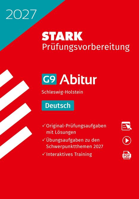 2027, STARK Prüfungsvorbereitung, G9 Abitur, Schleswig-Holstein, Deutsch; rot-türkises Design mit Symbolen und Häkchen.