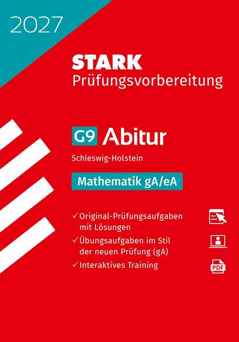 2027 STARK Prüfungsvorbereitung G9 Abitur, Mathematik gA/eA, Schleswig-Holstein. Rotes Design mit stilisierten Icons.