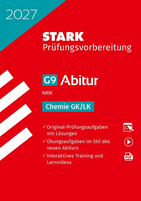 2027, STARK Prüfungsvorbereitung, G9 Abitur NRW, Chemie GK/LK. Rotes und türkisfarbenes Cover, Symbole rechts.