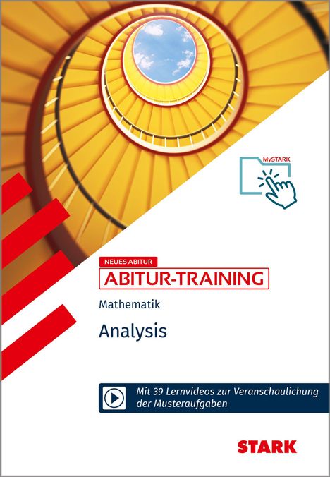 „Neues Abitur“, „Abitur-Training“, „Mathematik“, „Analysis“. Gelbe Spiraltreppe mit blauem Himmel im Zentrum.