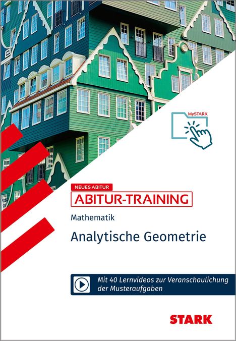 Text: "NEUES ABITUR ABITUR-TRAINING Mathematik Analytische Geometrie. Mit 40 Lernvideos zur Veranschaulichung der Musteraufgaben." 

Beschreibung: Ein grünes Gebäude mit vielen Fenstern und spitzen Giebeln.