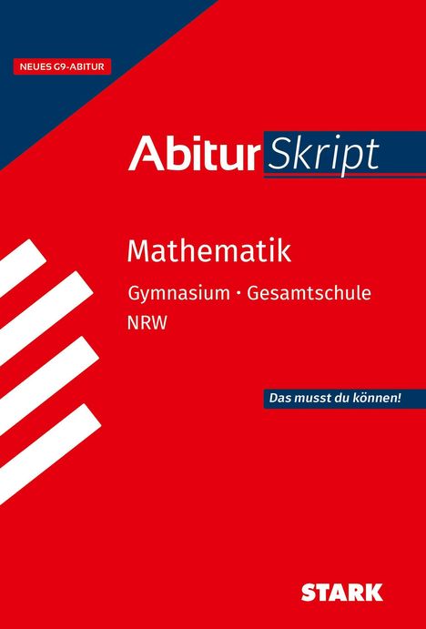 "Abitur Skript" steht in blau-weiß auf rotem Hintergrund, darunter "Mathematik" und Details zur Schule. Dynamisches Design mit Streifen.