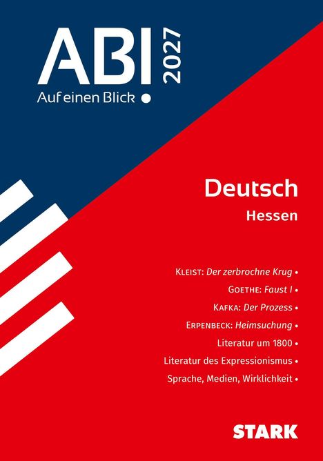ABI 2027, Auf einen Blick, Deutsch, Hessen. Autoren wie Kleist, Goethe. Rote und blaue Bereiche mit grafischen Elementen.