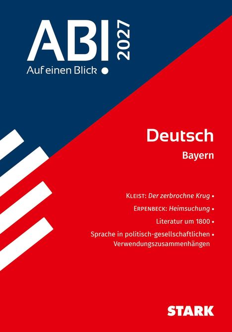 Auf einem blauen und roten Hintergrund steht: "ABI! 2027 Auf einen Blick", sowie "Deutsch Bayern", "Kleist: Der zerbrochne Krug".