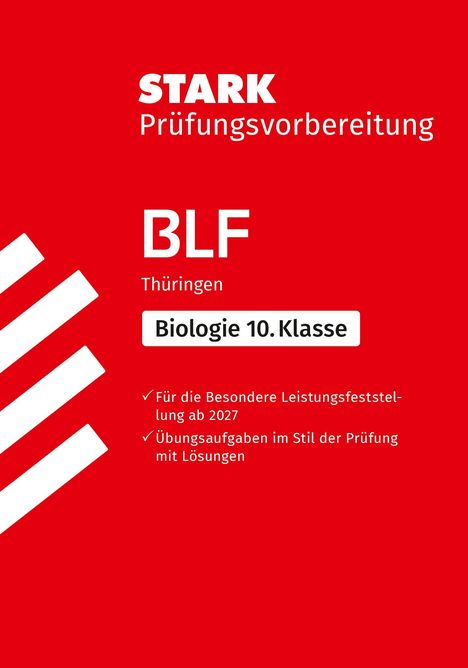 "STARK Prüfungsvorbereitung BLF Thüringen Biologie 10. Klasse" mit Checkliste auf rotem Hintergrund. Links weiße Streifen.