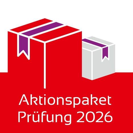 „Aktionspaket Prüfung 2026“ mit zwei stilisierten Paketen in Rot und Grau, lila Bändern.