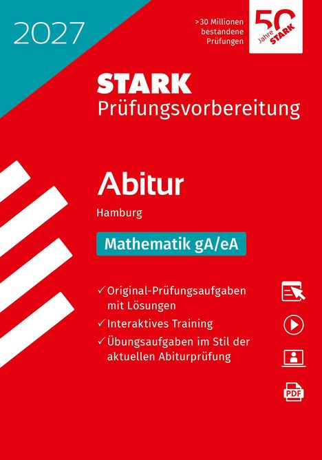 „STARK Prüfungsvorbereitung Abitur Hamburg Mathematik gA/eA 2027“ auf rotem Hintergrund, mit Lerninhalten.