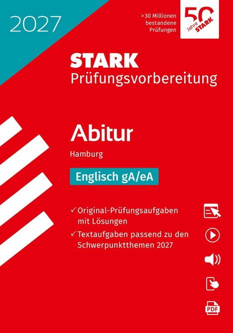 2027, STARK Prüfungsvorbereitung, Abitur Hamburg, Englisch gA/eA. Rotes Design mit Icons und Logo.