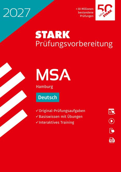 Text: "2027", "STARK Prüfungsvorbereitung", "MSA Hamburg", "Deutsch", "Original-Prüfungsaufgaben", "Interaktives Training". Roter Hintergrund.