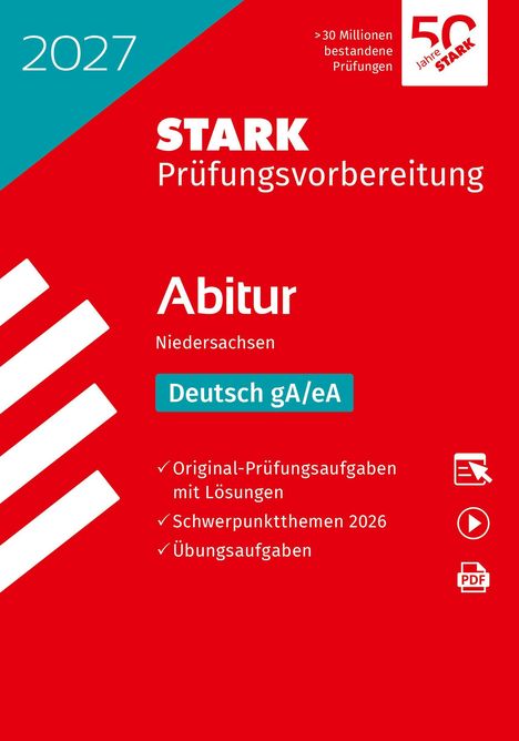 2027, STARK Prüfungsvorbereitung, Abitur Niedersachsen, Deutsch gA/eA. Rot-weiße Gestaltung mit Logo und Symbolen.