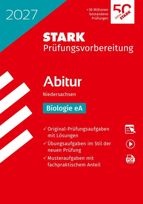 "2027, STARK Prüfungsvorbereitung, Abitur Niedersachsen, Biologie eA. Roter Hintergrund, Logos und Symbole."