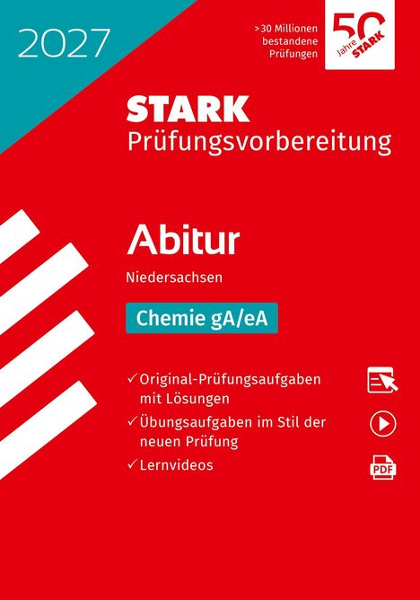"2027, STARK Prüfungsvorbereitung, Abitur Niedersachsen, Chemie gA/eA. Checklisten und Symbole auf rotem und türkisfarbenem Hintergrund."