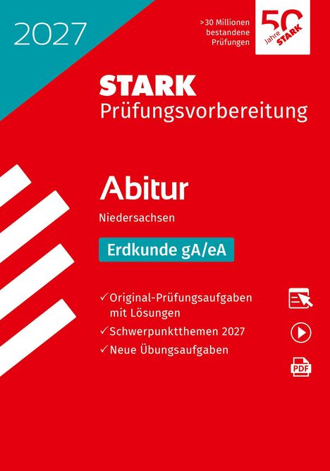 2027, STARK Prüfungsvorbereitung, Abitur Niedersachsen Erdkunde gA/eA. Roter Hintergrund, weißer Text. Spiel-Icons.