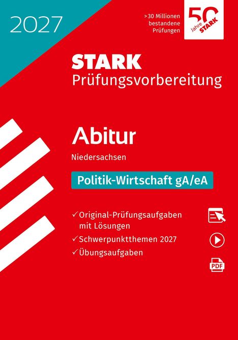 STARK Abitur Vorbereitung Niedersachsen 2027, Politik-Wirtschaft gA/eA. Rotes Design mit Checklisten und Symbolen.