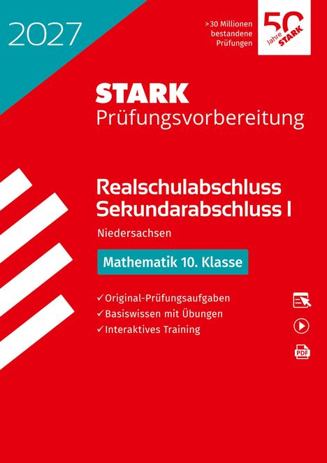 „2027, STARK Prüfungsvorbereitung, Realschulabschluss Sekundarabschluss I Niedersachsen, Mathematik 10. Klasse.“  
Rot und weißes Design, geometrische Formen.