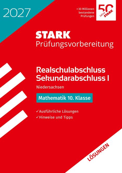 2027, STARK Prüfungsvorbereitung, Realschulabschluss, Mathematik 10. Klasse. Rotes Design, weißer Text.