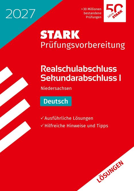 "STARK Prüfungsvorbereitung, Realschulabschluss, Niedersachsen, Deutsch. Rote und türkise Farbgestaltung mit Logo."