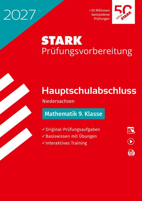 "STARK Prüfungsvorbereitung Hauptschulabschluss Niedersachsen Mathematik 9. Klasse. Roter Hintergrund, weißer Text."
