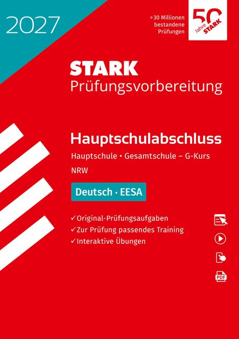 Die Worte "2027", "STARK Prüfungsvorbereitung", "Hauptschulabschluss", "Deutsch • EESA" auf rotem Hintergrund.