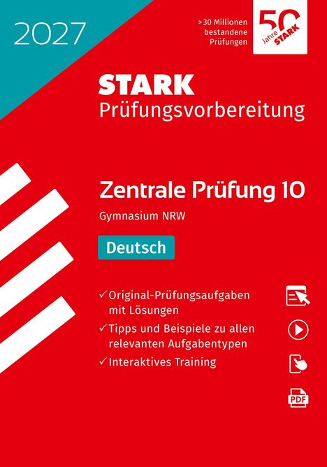 2027 STARK Prüfungsvorbereitung Zentrale Prüfung 10 Gymnasium NRW Deutsch. Roter Hintergrund, weißer Text.
