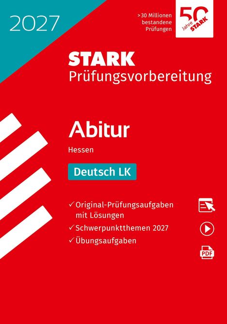 Texte: „2027“, „STARK Prüfungsvorbereitung“, „Abitur Hessen“, „Deutsch LK“. Design: Rote und türkise Flächen, Logo oben rechts.