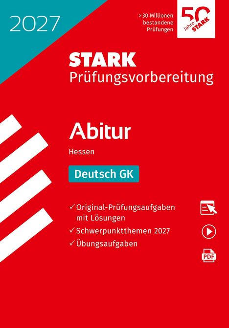 "2027 Stark Prüfungs­vorbereitung Abitur Hessen Deutsch GK. Drei weiße Streifen auf rotem Hintergrund. Jubiläumslogo."