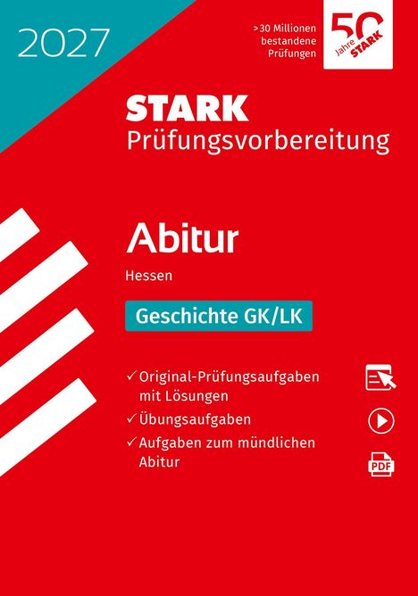 2027, STARK Prüfungsvorbereitung, Abitur Hessen, Geschichte GK/LK, rot-türkis Design, enthält Häkchenlisten und Symbole.