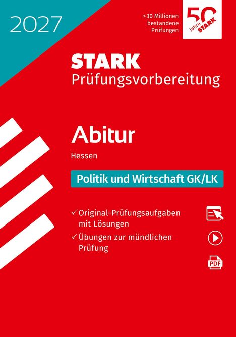 „2027 STARK Prüfungsvorbereitung Abitur Hessen Politik und Wirtschaft GK/LK“ auf rotem Hintergrund mit Icons.