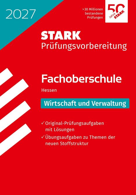 Text: 2027, STARK Prüfungsvorbereitung, Fachoberschule Hessen, Wirtschaft und Verwaltung. Design with red and turquoise sections.
