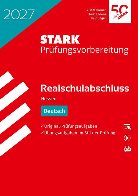„STARK Prüfungsvorbereitung, Realschulabschluss Hessen Deutsch, Original-Prüfungsaufgaben.“ Rot-weiße Gestaltung.