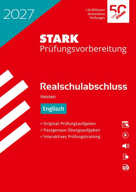 Text: "STARK Prüfungsvorbereitung Realschulabschluss Hessen Englisch". Rotes Cover mit weißem und türkisfarbenem Text.