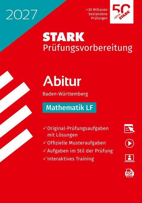 Text: "2027, STARK Prüfungsvorbereitung, Abitur Baden-Württemberg, Mathematik LF." Rotes Cover, weißer Text, blaues Detail.