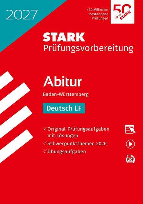 2027 STARK Prüfungsvorbereitung Abitur Baden-Württemberg Deutsch LF. Rotes Cover mit diagonalen weißen Linien links.