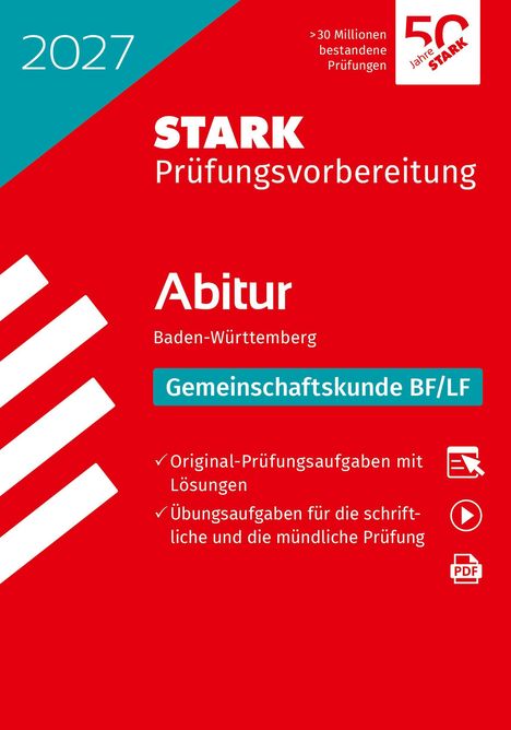 "2027, Abitur, Baden-Württemberg, Gemeinschaftskunde BF/LF. Rotes Cover, weißer Text, STARK Logo, Icons für Aufgaben."