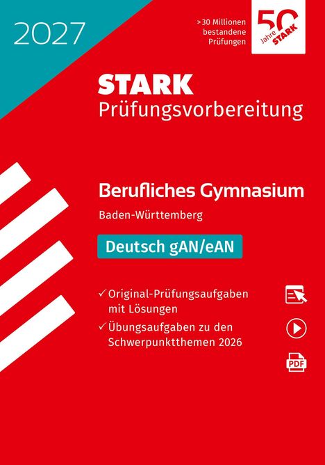 2027, STARK Prüfungsvorbereitung, Berufliches Gymnasium Baden-Württemberg, Deutsch gAN/eAN. Rotes und blaues Design.