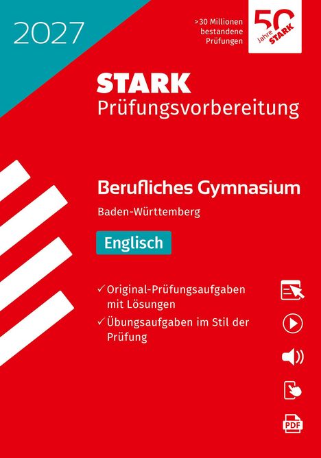 2027, STARK Prüfungsvorbereitung, Berufliches Gymnasium Baden-Württemberg, Englisch. Rotes Design mit Icons und Logo.
