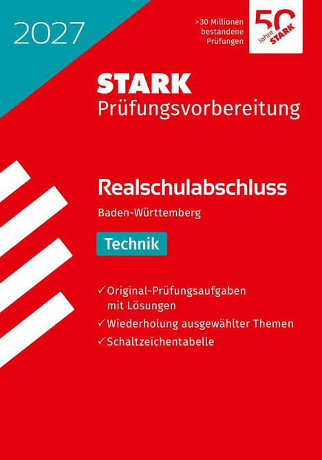 Text: "2027, STARK Prüfungsvorbereitung, Realschulabschluss Baden-Württemberg, Technik." Rot-weißes Design mit diagonalen Streifen.