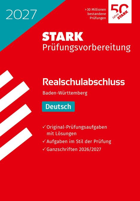 2027 STARK Prüfungsvorbereitung, Realschulabschluss Baden-Württemberg, Deutsch. Rotes Design mit diagonalen Streifen.