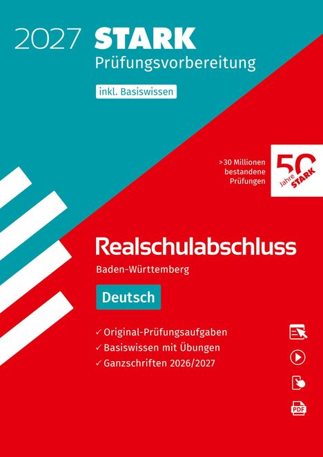Text auf blauem und rotem Hintergrund, betont Prüfungsvorbereitung für den Realschulabschluss in Deutsch, Baden-Württemberg.
