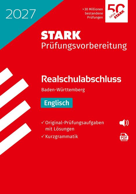 Roter Hintergrund, oben "2027", "STARK Prüfungsvorbereitung", "Realschulabschluss Baden-Württemberg Englisch".