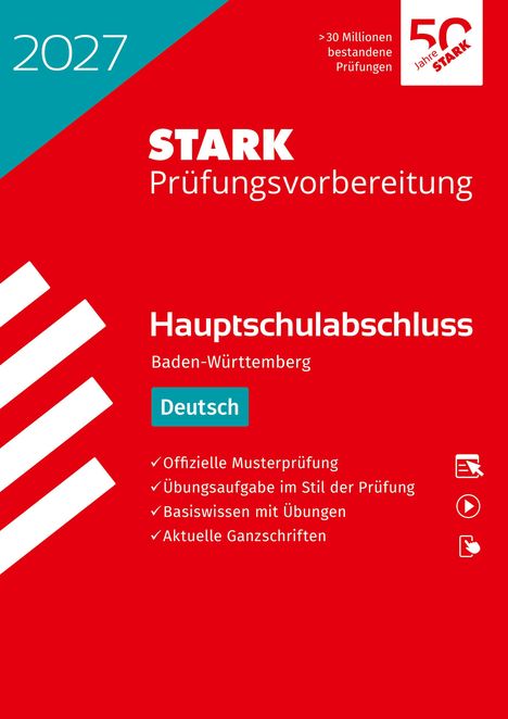 50 Jahre STARK, STARK Prüfungsvorbereitung, Hauptschulabschluss Deutsch, Baden-Württemberg, 2027. Rotes Design.