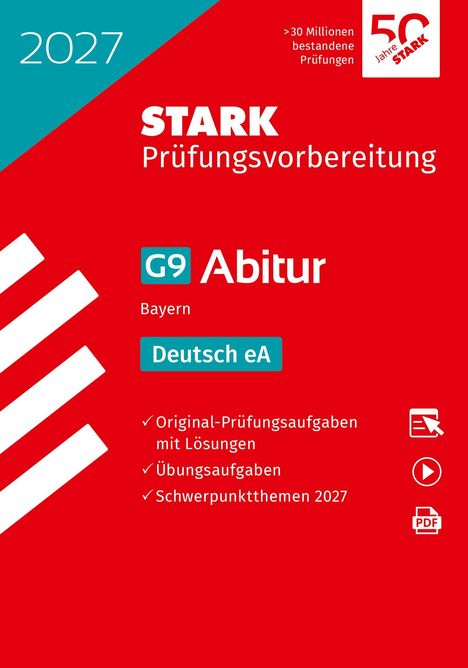 2027, STARK Prüfungsvorbereitung G9 Abitur Bayern Deutsch eA, rote und blaue Farbgebung, Häkchen und Symbole.