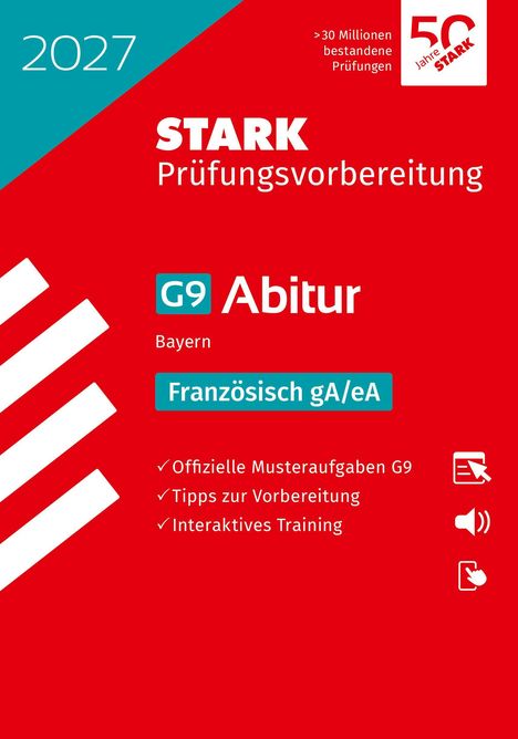 2027, STARK Prüfungsvorbereitung, G9 Abitur, Bayern, Französisch gA/eA. Rotes Cover mit Logos und Symbolen für Lernen.