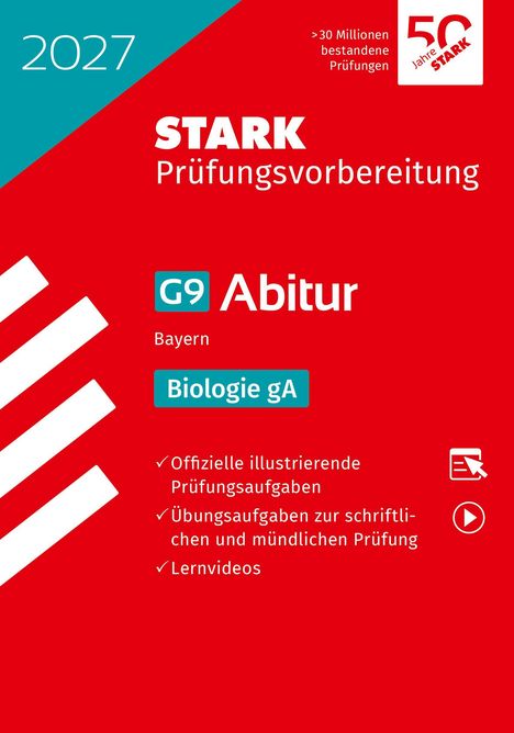 "STARK Prüfungsvorbereitung 2027, G9 Abitur, Bayern, Biologie gA." Rote Gestaltung mit weißen und türkisen Elementen.
