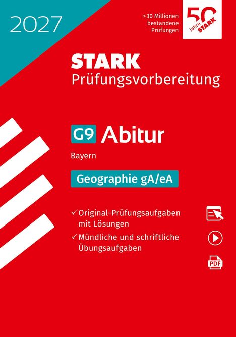 Roter Hintergrund mit Texten: "STARK Prüfungsvorbereitung", "G9 Abitur", "Geographie gA/eA", Symbole für PDF und Aufgaben.
